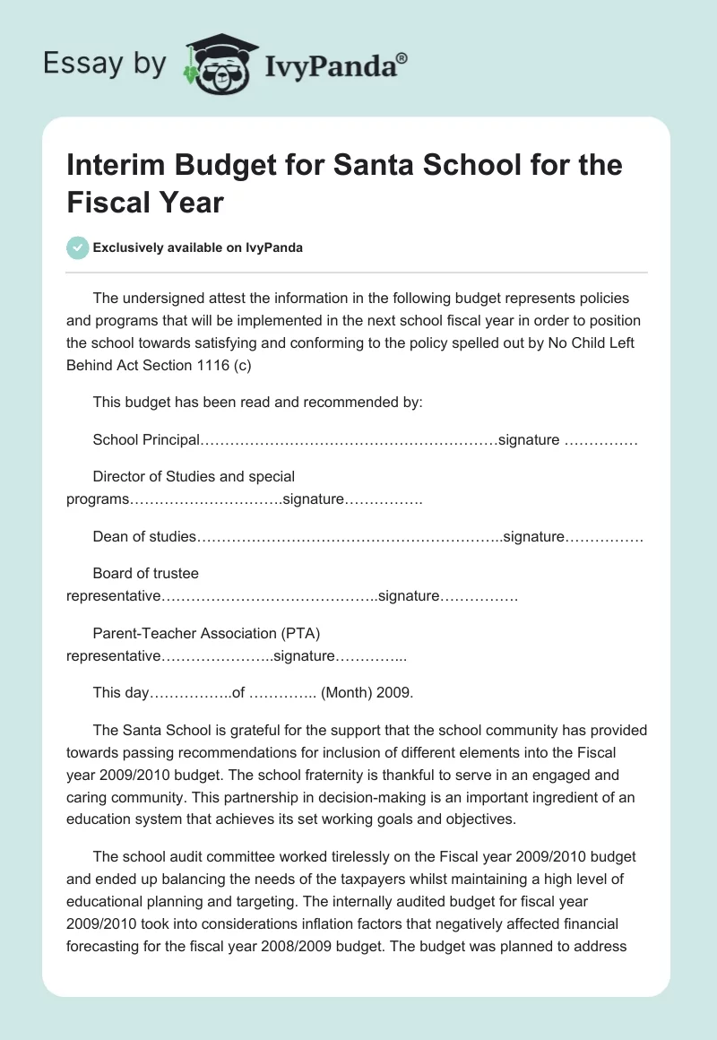 Interim Budget for Santa School for the Fiscal Year. Page 1