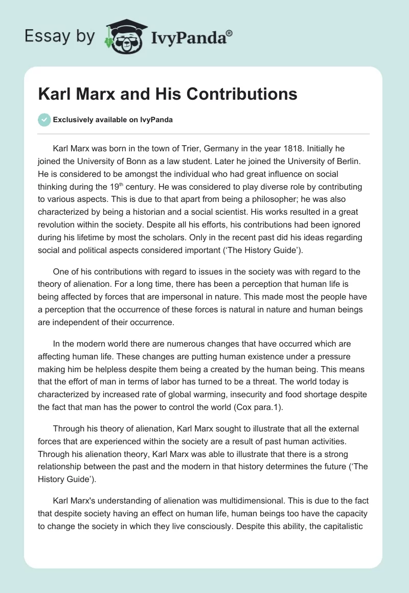 Karl Marx and His Contributions. Page 1