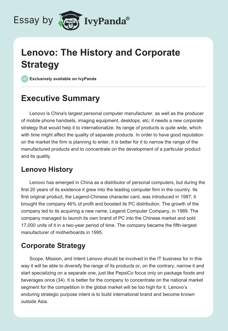 Lenovo: The History and Corporate Strategy. Page 1