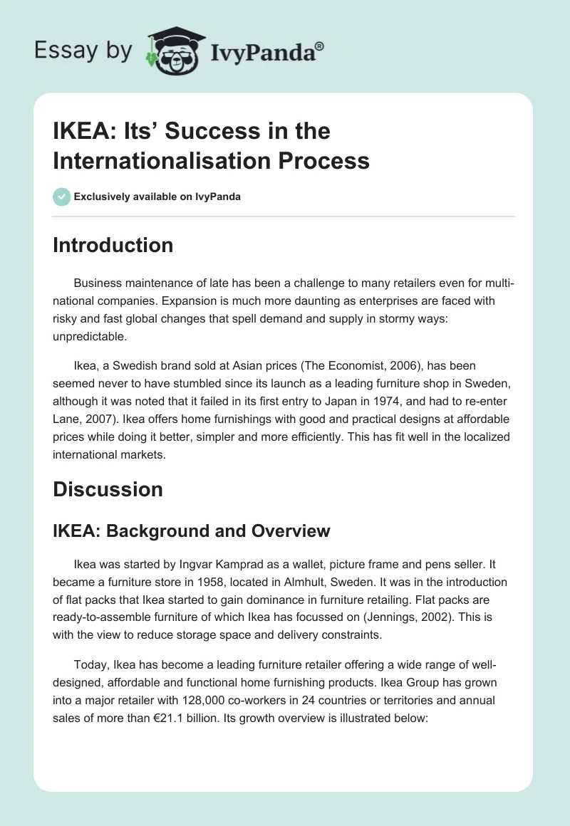 IKEA: Its’ Success in the Internationalisation Process. Page 1