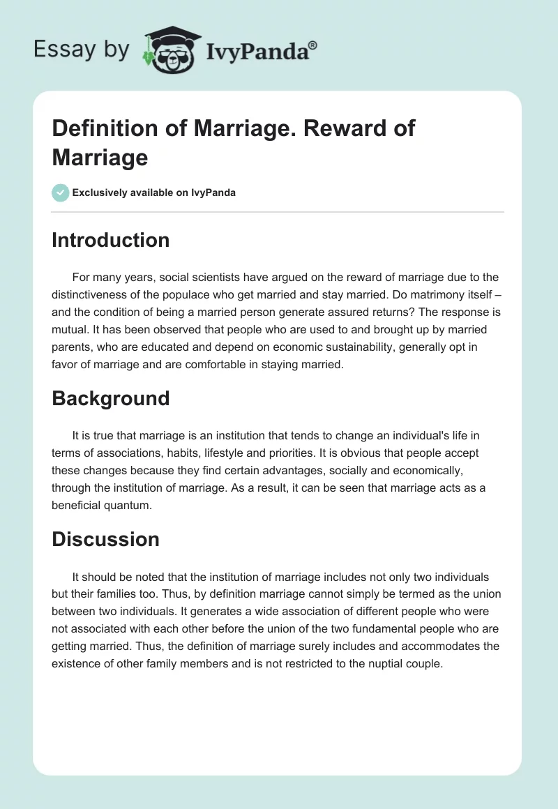 Definition of Marriage. Reward of Marriage. Page 1