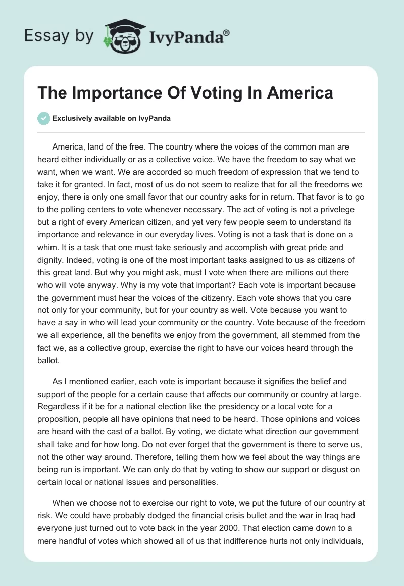 The Importance Of Voting In America. Page 1