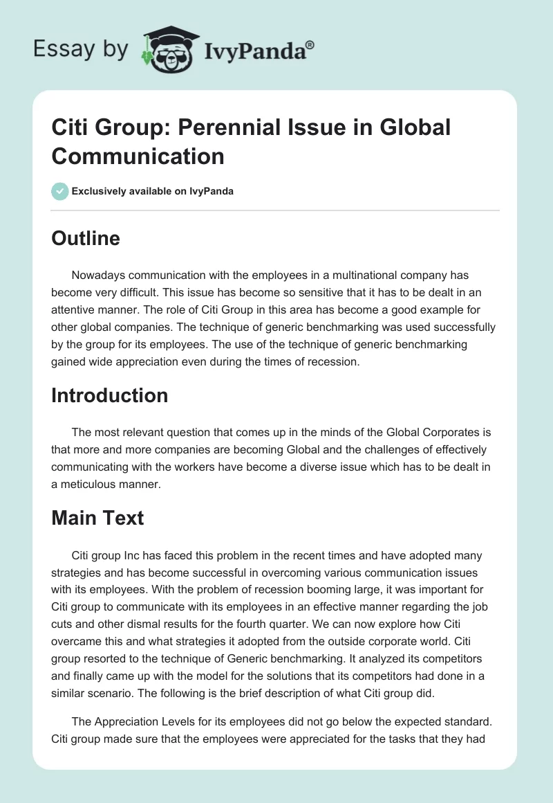 Citi Group: Perennial Issue in Global Communication. Page 1