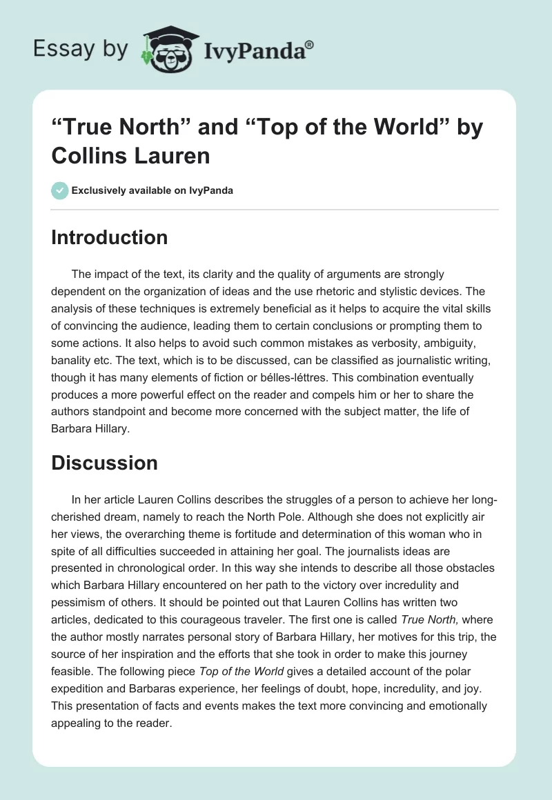 “True North” and “Top of the World” by Collins Lauren. Page 1