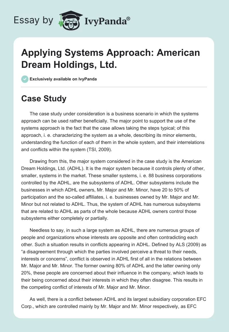 Applying Systems Approach: American Dream Holdings, Ltd.. Page 1