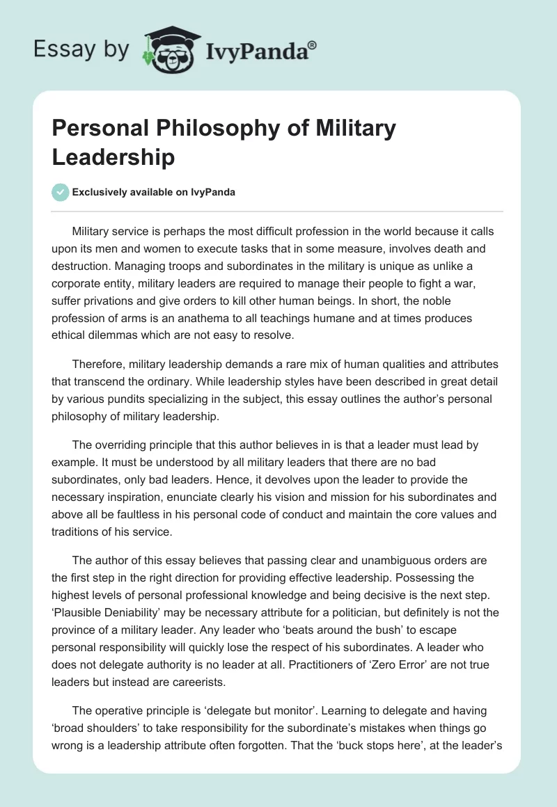 Personal Philosophy of Military Leadership. Page 1
