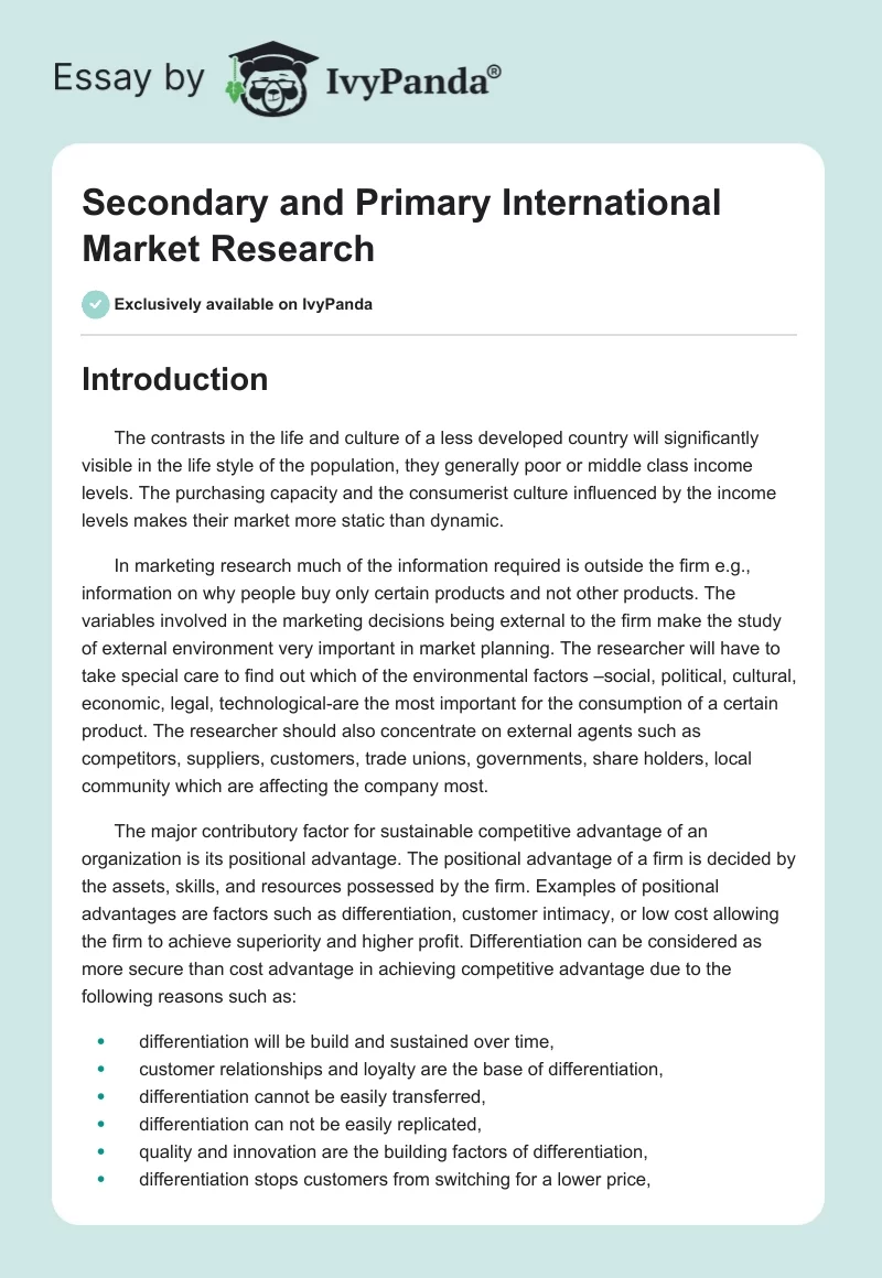 Secondary and Primary International Market Research. Page 1