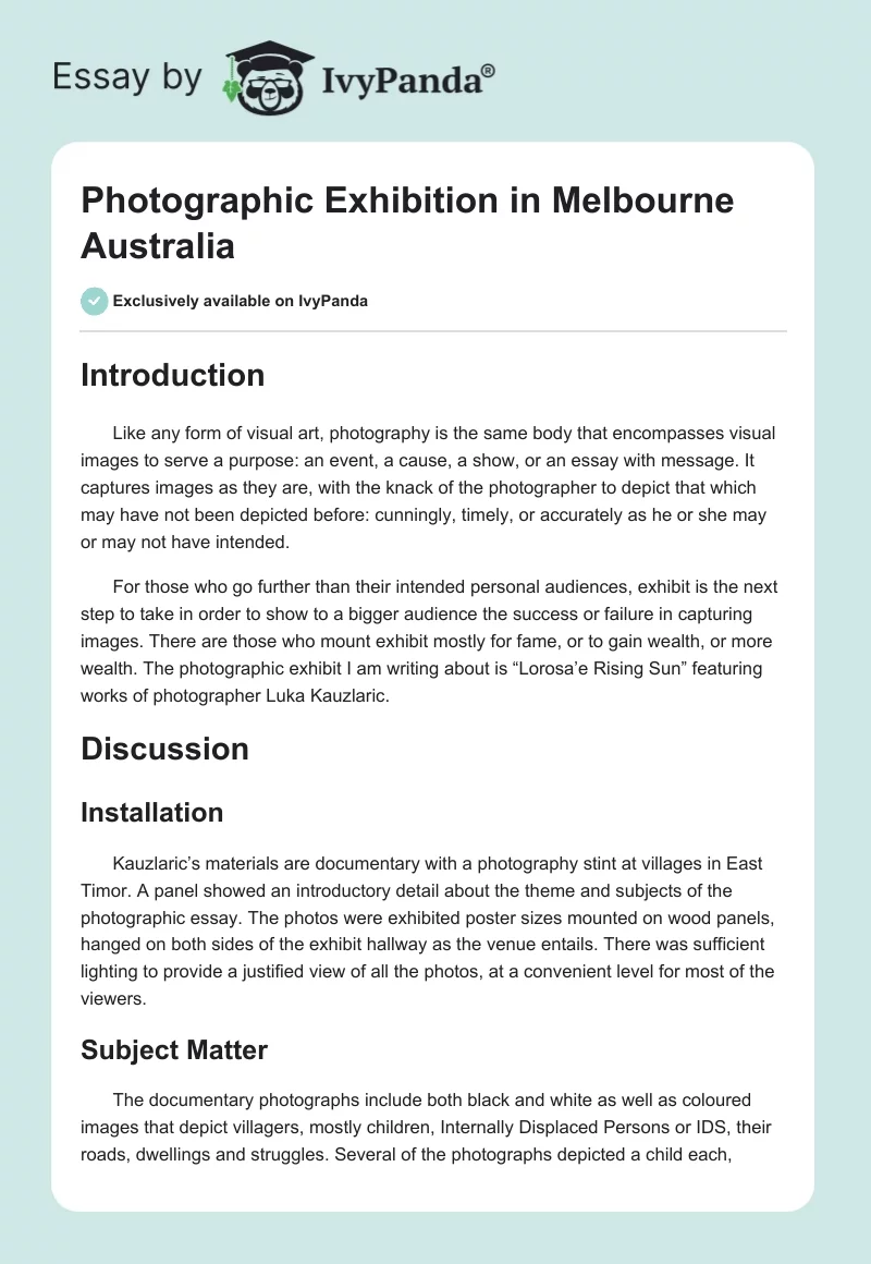 Photographic Exhibition in Melbourne Australia. Page 1