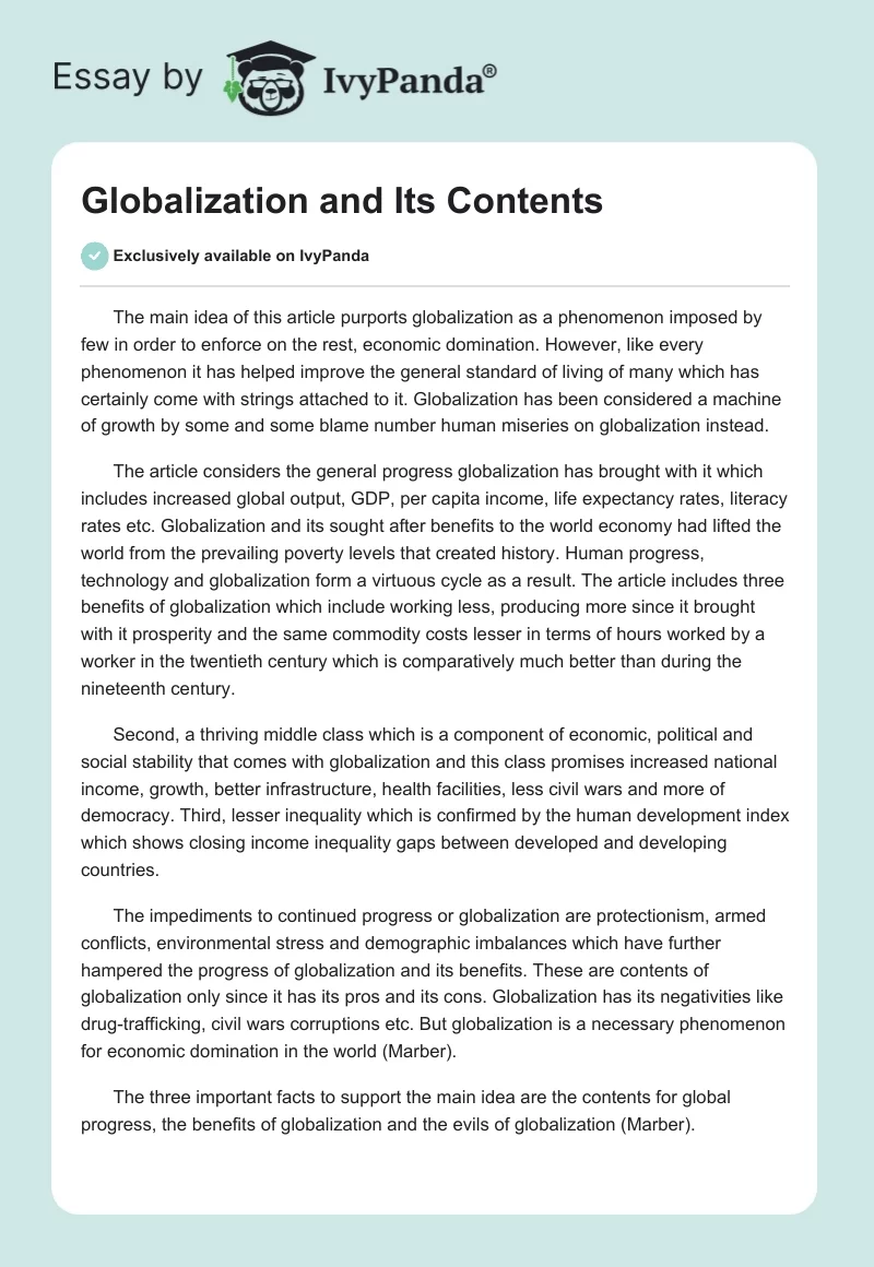 Globalization and Its Contents - 356 Words | Article Example
