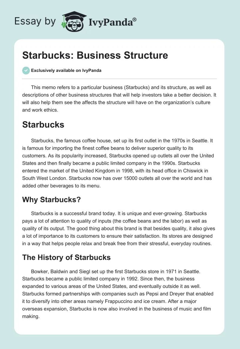 Starbucks: Business Structure. Page 1