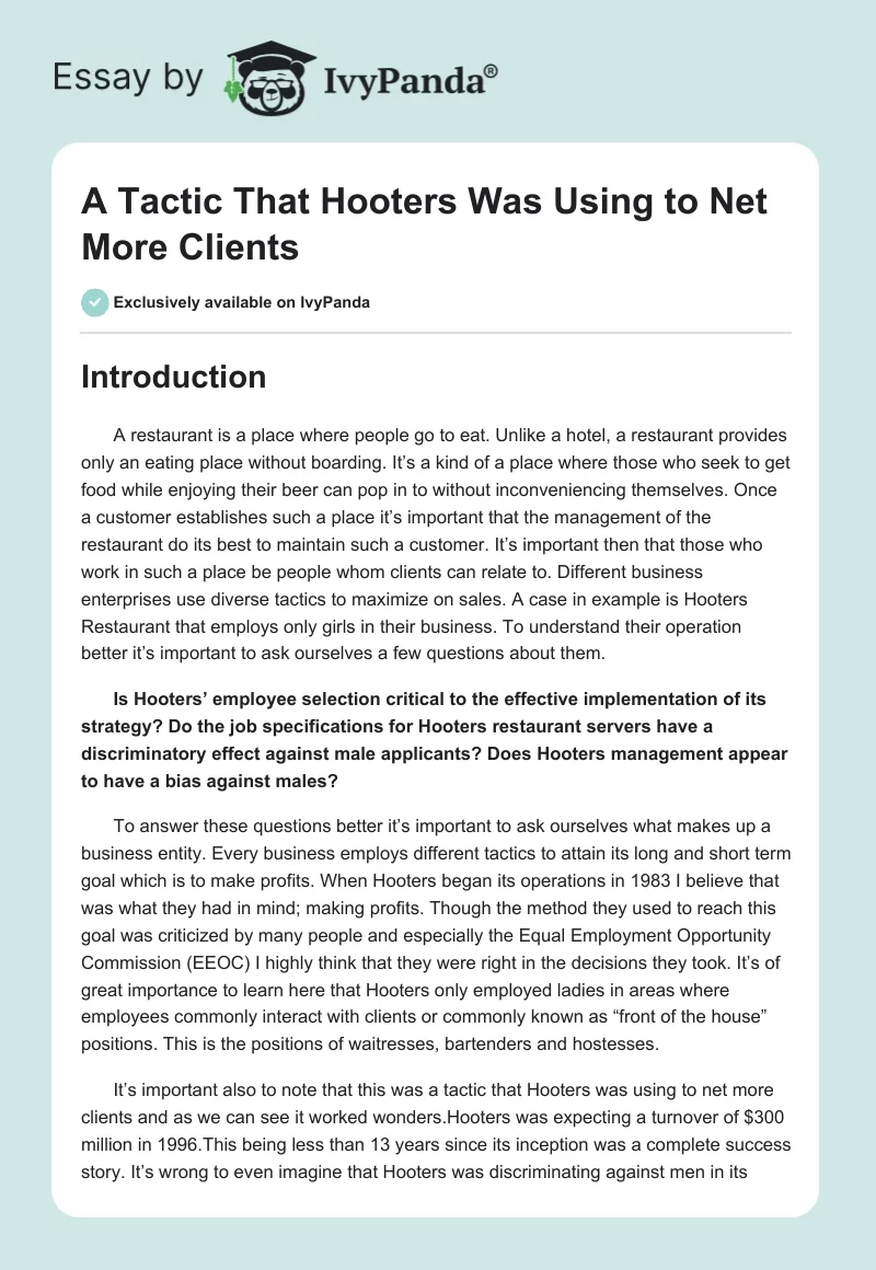 A Tactic That Hooters Was Using to Net More Clients. Page 1