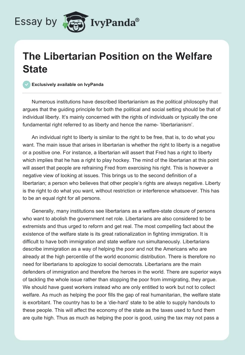 The Libertarian Position on the Welfare State. Page 1