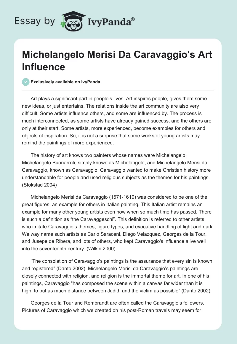 Michelangelo Merisi Da Caravaggio's Art Influence. Page 1