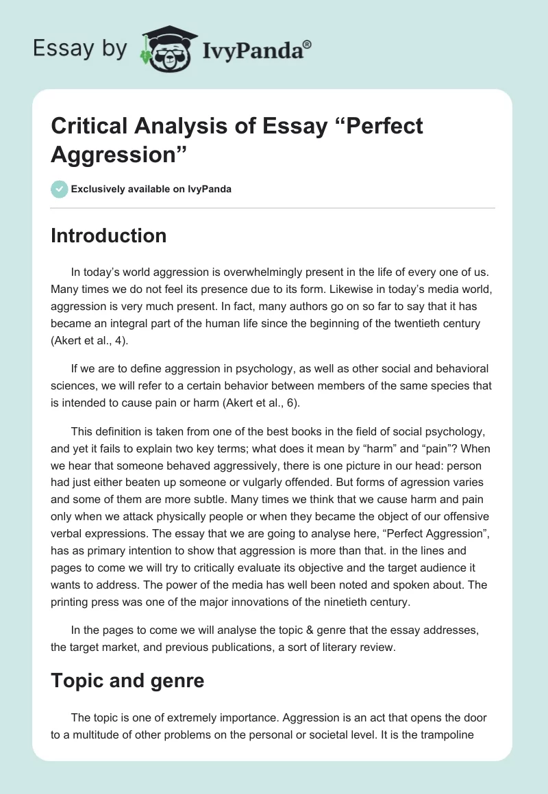 Critical Analysis of Essay “Perfect Aggression”. Page 1