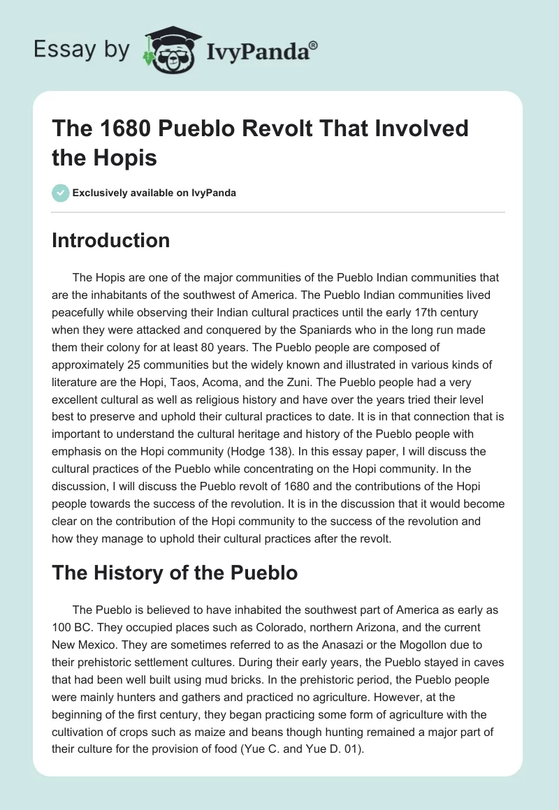 The 1680 Pueblo Revolt That Involved the Hopis. Page 1