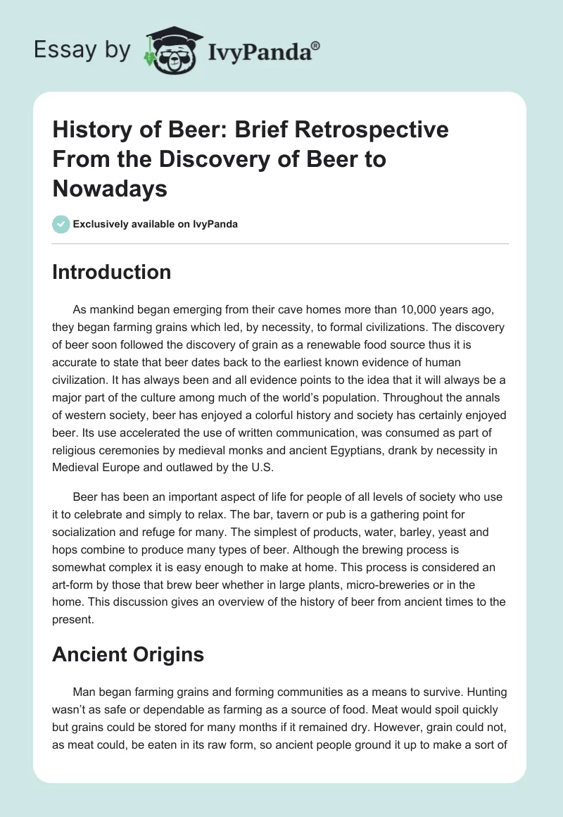 History of Beer: Brief Retrospective From the Discovery of Beer to Nowadays. Page 1