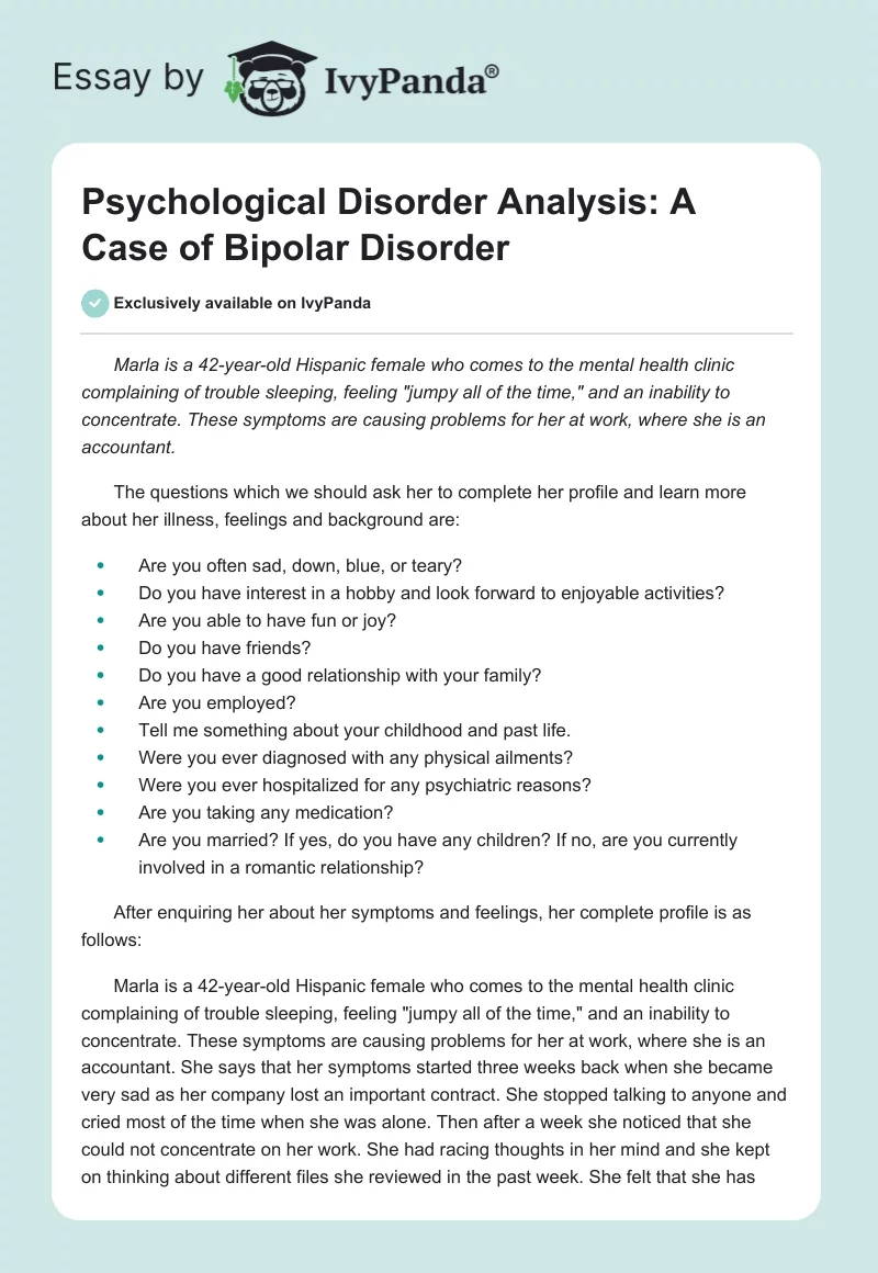 Psychological Disorder Analysis: A Case of Bipolar Disorder. Page 1
