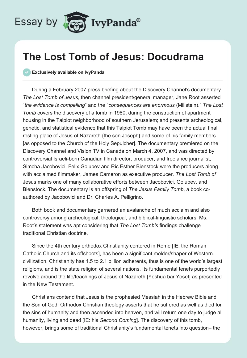 The Lost Tomb of Jesus: Docudrama. Page 1