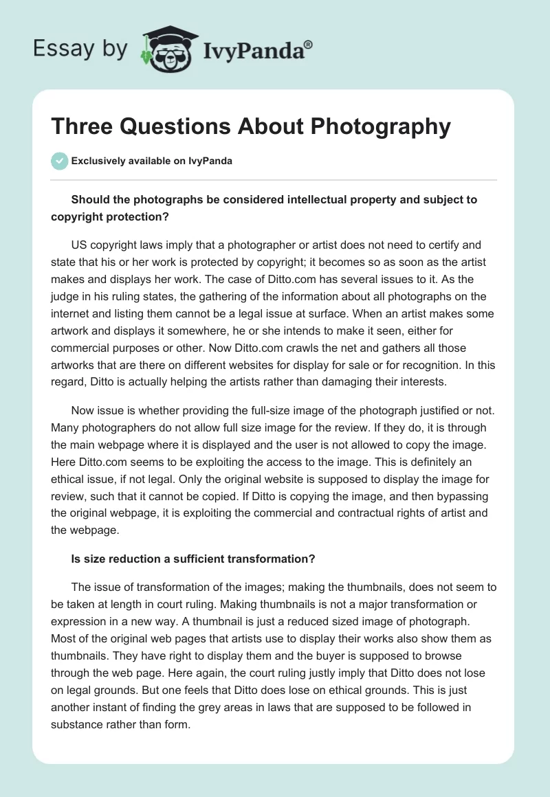 Three Questions About Photography. Page 1