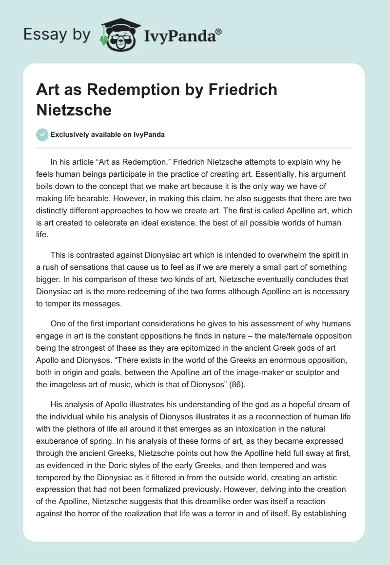 Art as Redemption by Friedrich Nietzsche. Page 1