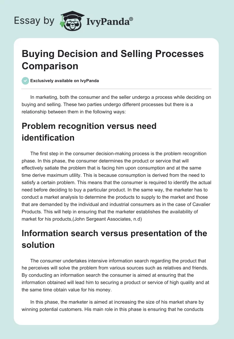 Buying Decision and Selling Processes Comparison. Page 1