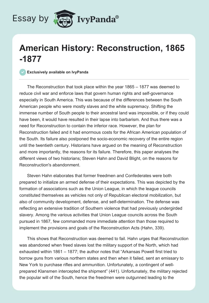 American History: Reconstruction, 1865 -1877. Page 1