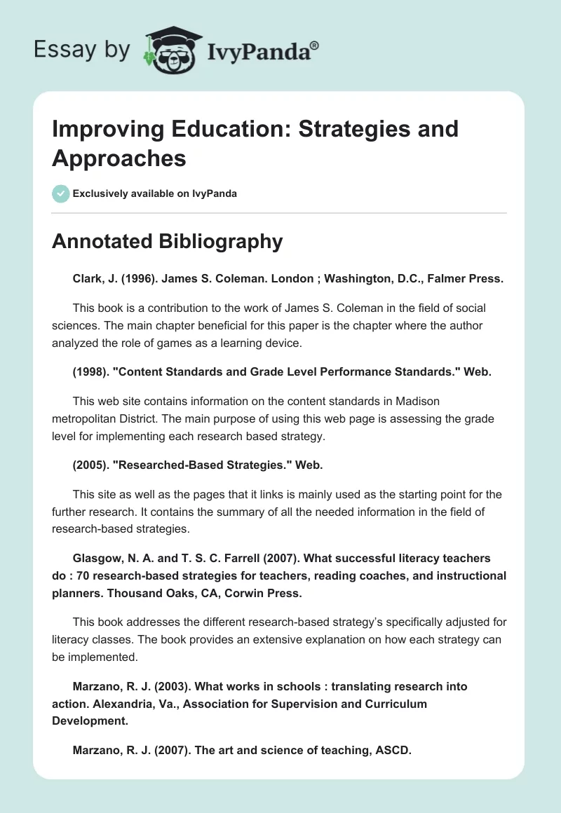 Improving Education: Strategies and Approaches. Page 1