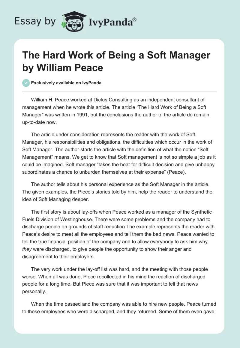 The Hard Work of Being a Soft Manager by William Peace. Page 1