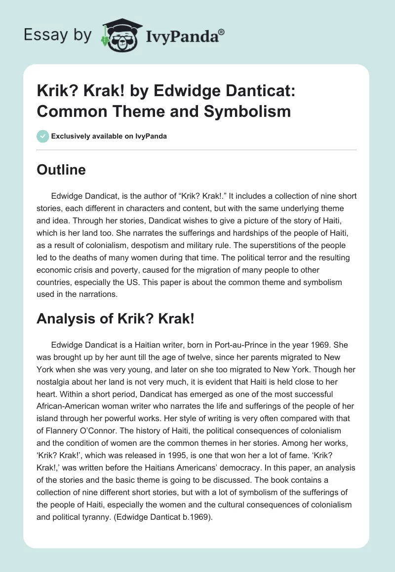 "Krik? Krak!" by Edwidge Danticat: Common Theme and Symbolism. Page 1