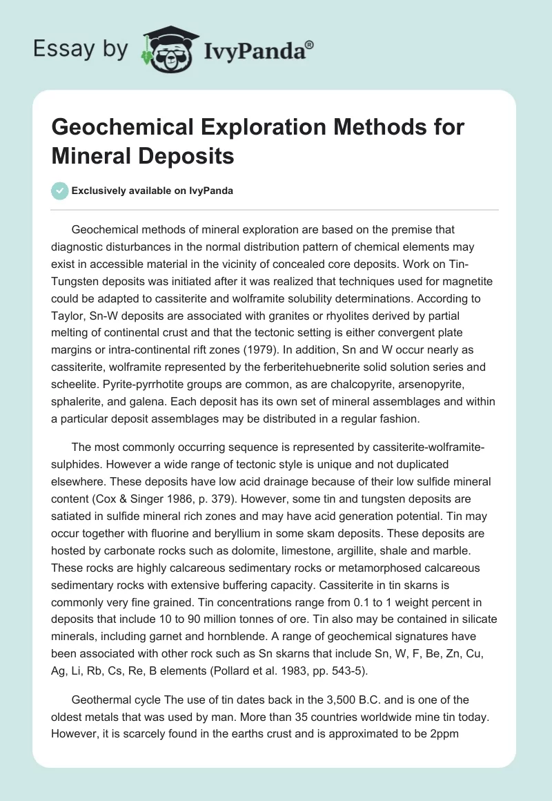 Geochemical Exploration Methods for Mineral Deposits. Page 1
