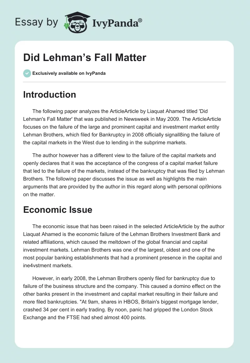 Did Lehman’s Fall Matter. Page 1