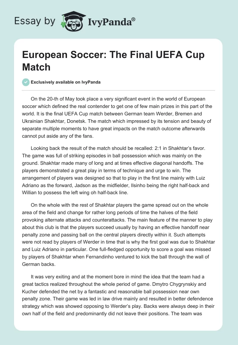 European Soccer: The Final UEFA Cup Match. Page 1