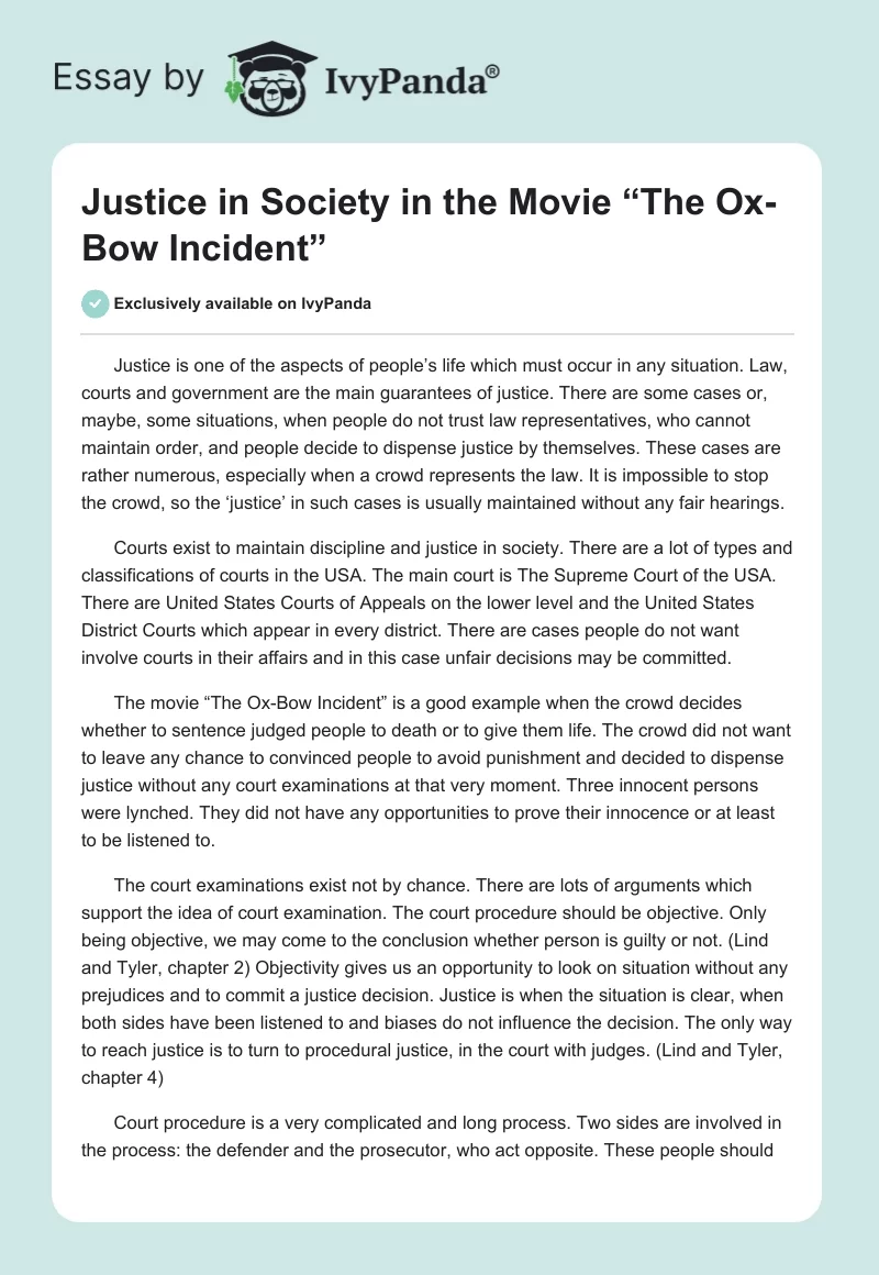Justice in Society in the Movie “The Ox-Bow Incident”. Page 1