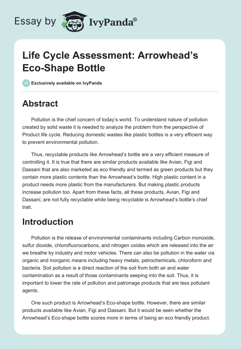 Life Cycle Assessment: Arrowhead’s Eco-Shape Bottle. Page 1