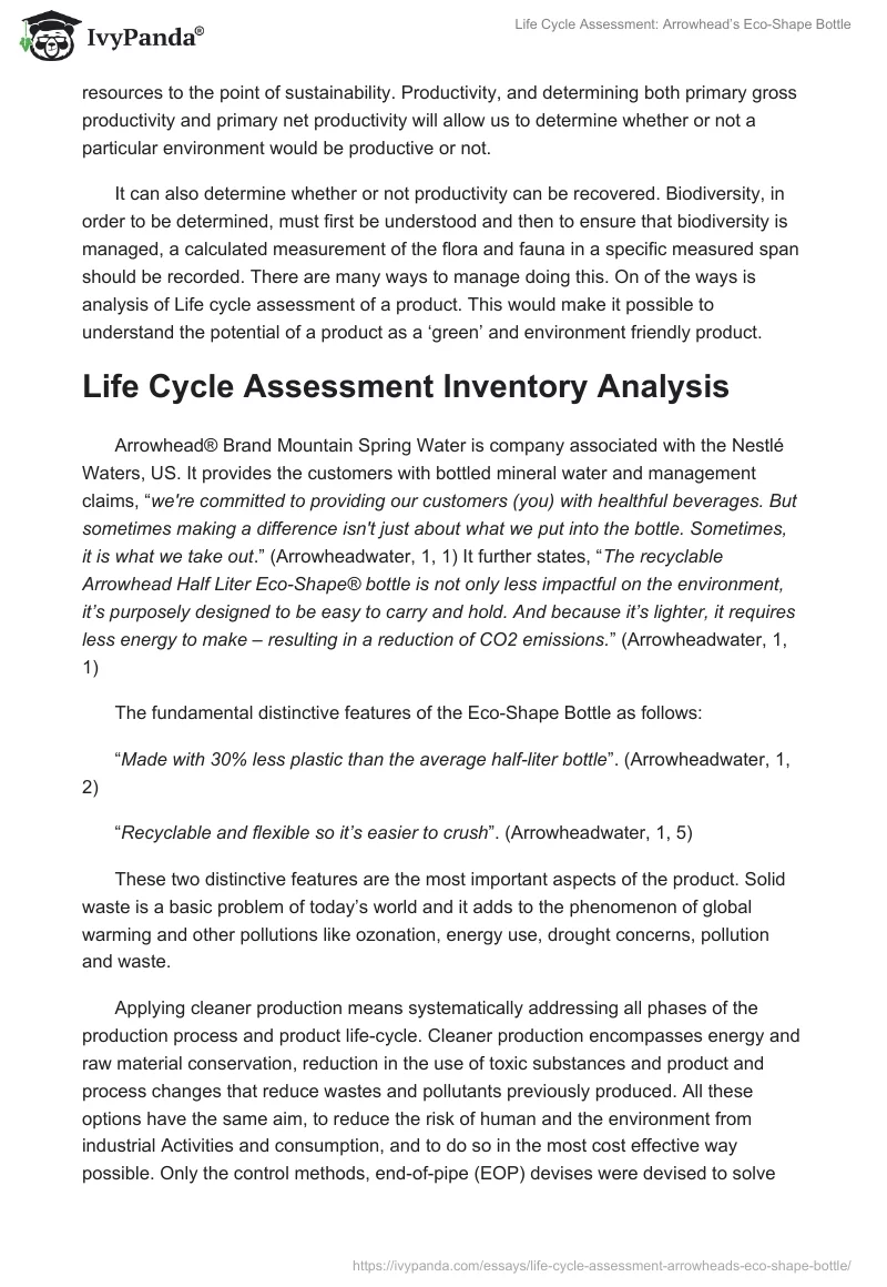 Life Cycle Assessment: Arrowhead’s Eco-Shape Bottle. Page 3