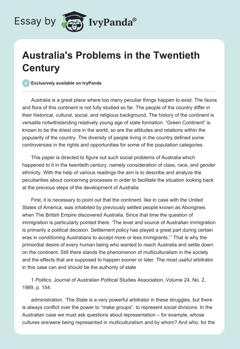 Australia's Problems in the Twentieth Century. Page 1