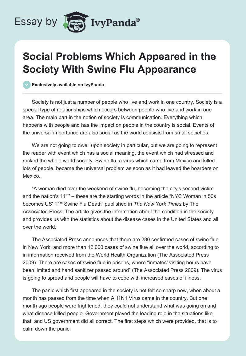 Social Problems Which Appeared in the Society With Swine Flu Appearance. Page 1