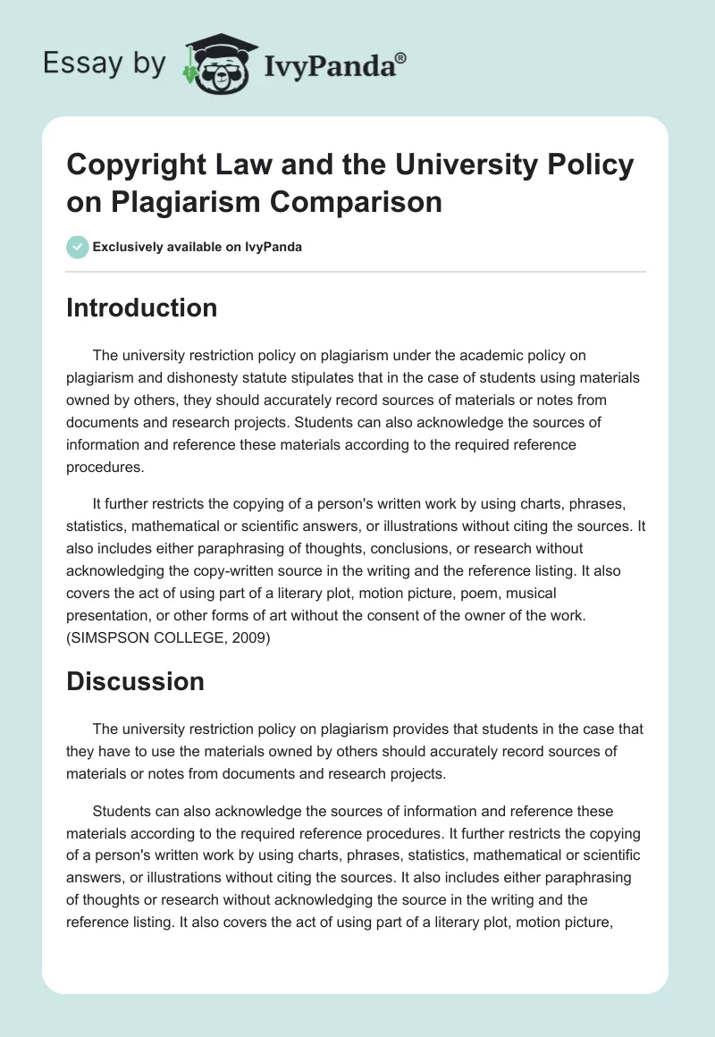 Copyright Law and the University Policy on Plagiarism Comparison. Page 1