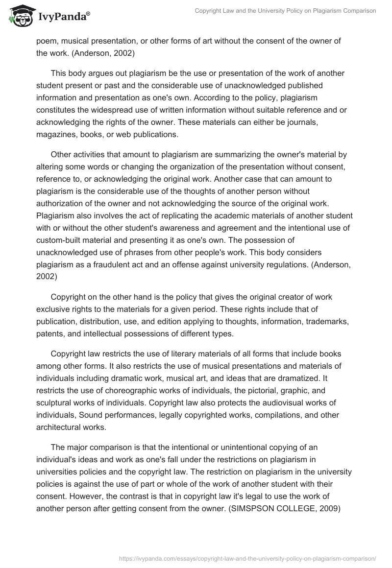 Copyright Law and the University Policy on Plagiarism Comparison. Page 2
