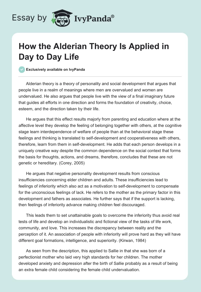 How the Alderian Theory Is Applied in Day to Day Life. Page 1