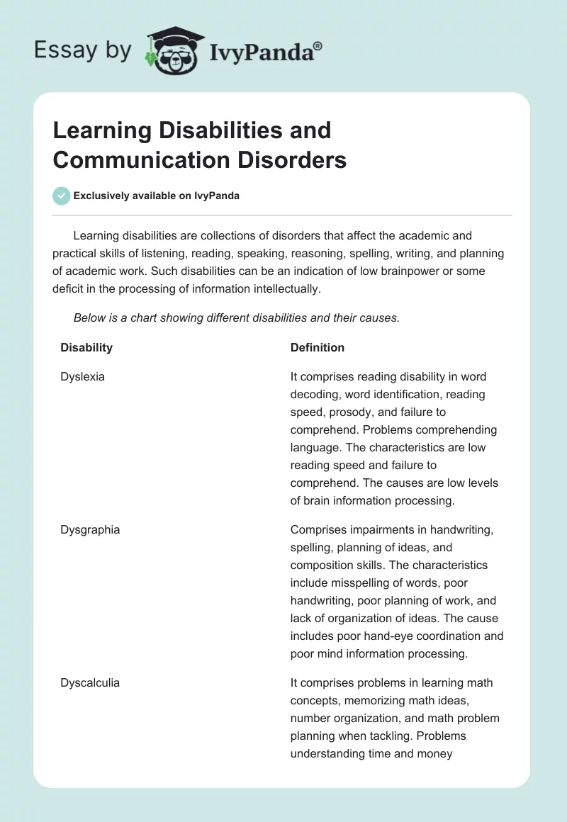 Learning Disabilities and Communication Disorders. Page 1