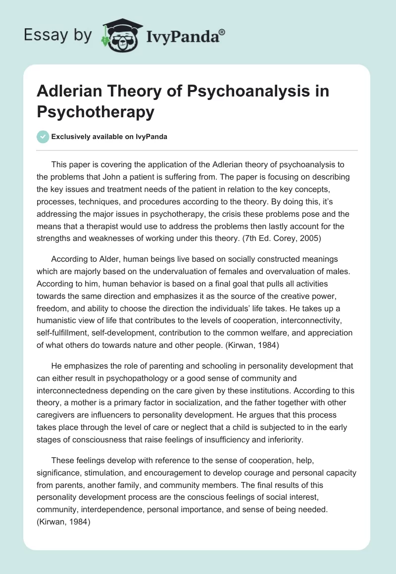 Adlerian Theory of Psychoanalysis in Psychotherapy. Page 1