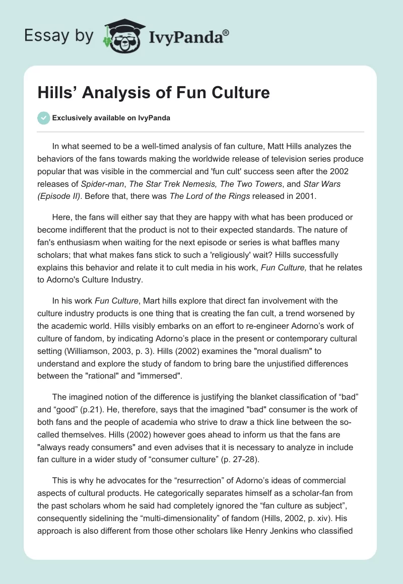 Hills’ Analysis of Fun Culture. Page 1