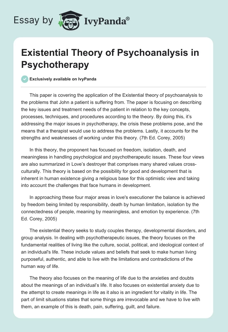 Existential Theory of Psychoanalysis in Psychotherapy. Page 1