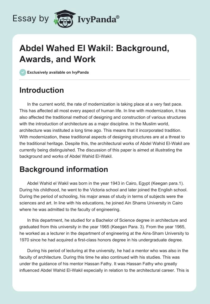 Abdel Wahed El Wakil: Background, Awards, and Work. Page 1