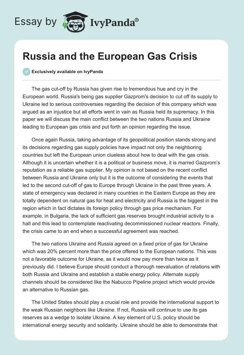 Russia and the European Gas Crisis. Page 1