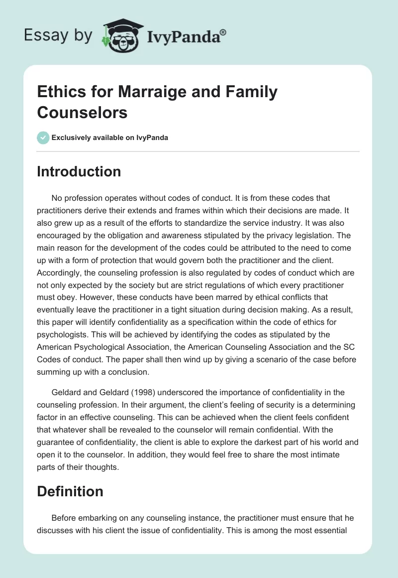 Ethics for Marraige and Family Counselors. Page 1