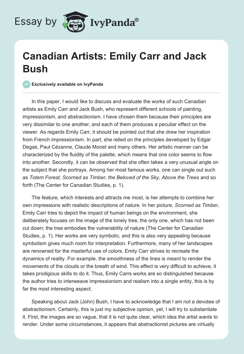 Canadian Artists: Emily Carr and Jack Bush. Page 1