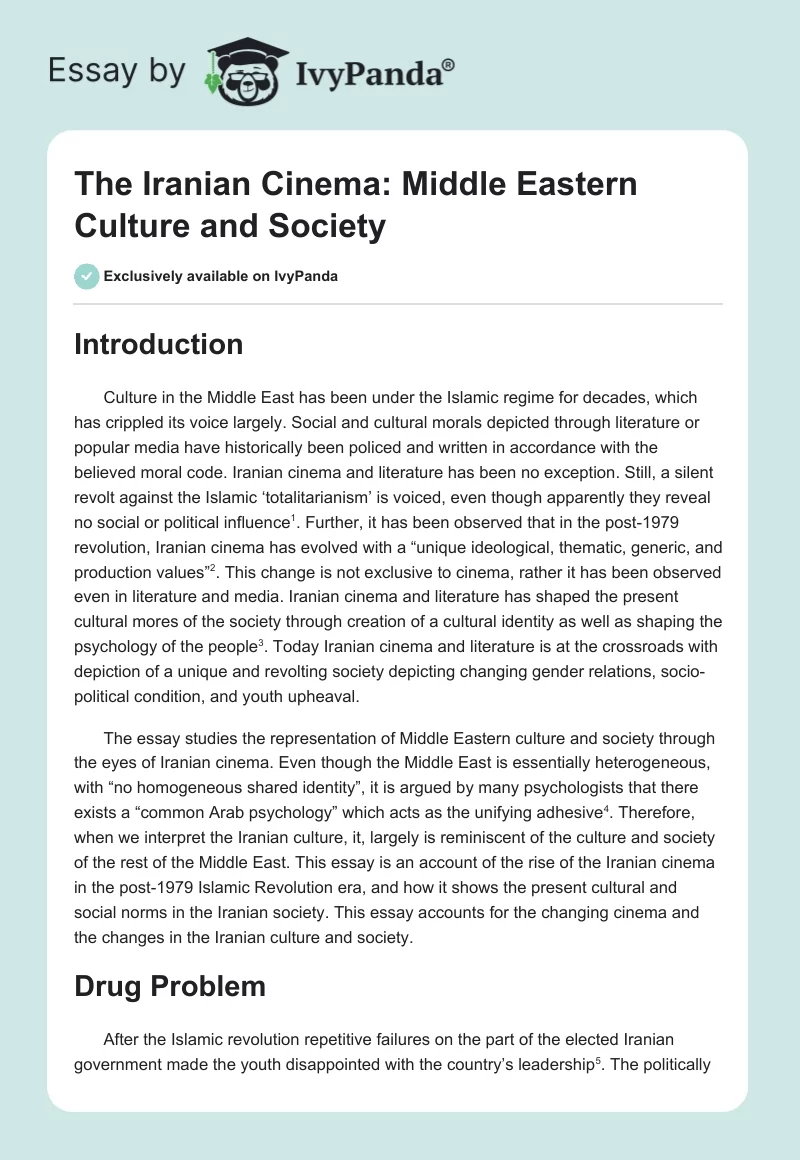 The Iranian Cinema: Middle Eastern Culture and Society. Page 1