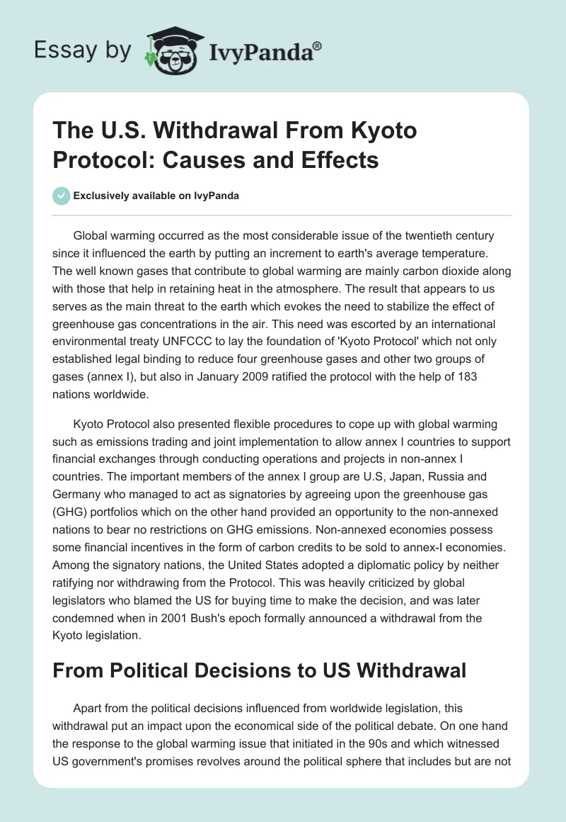 The U.S. Withdrawal From Kyoto Protocol: Causes and Effects. Page 1